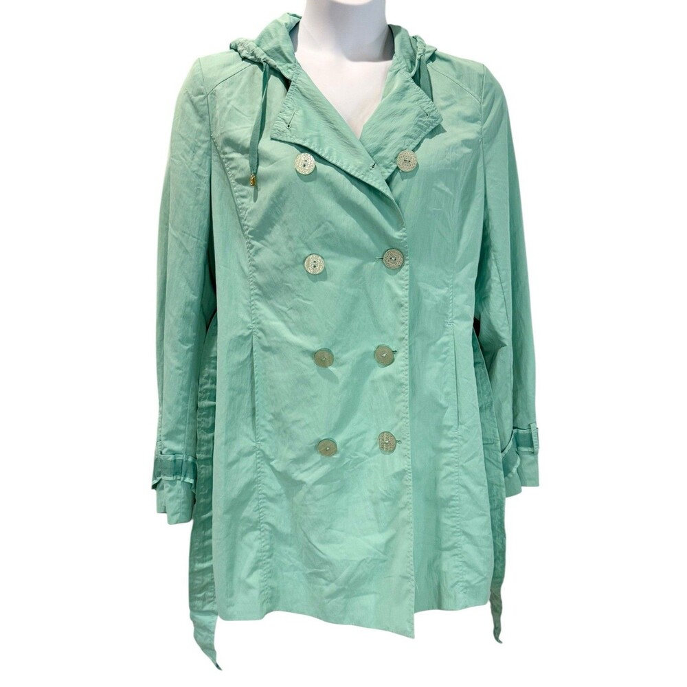 Tahari Womens XL Hooded Trench Coat Jacket Elie Mint Green Belt Double Breasted